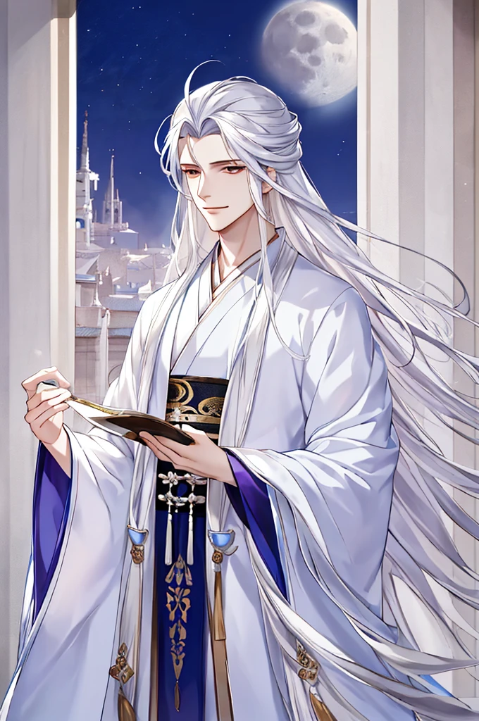 tmasterpiece，Best Picture Quality，male people，male people，white hanfu，（cabelos preto e longos：1.5），long, floated hair，Wide-sleeved robe，ancient wind，Solid color clothes，The clothes do not have any patterns，Smilingly，gentlesoftlighting，water ink，Behind it  the full moon，