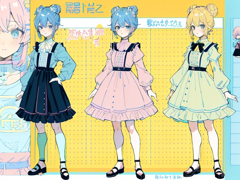 supreme, light-blue hair，blue eyes，Standing on your feet，submachine gun，Detailed Genshin graphics，anime character design，anime concept art，pretty anime character design，anime character reference sheet，[Character design]，1girl in, ((Character information)、(Chara Leaf)、pastel dimmed colors, (Yellow color palette.:1.2, Blue:1.2, Pink:1.2), (Blue hair bun, Short fashionable skirt, Ruffles and lace, polka dot,(Lush pastel dresses),  girl,Type sheet, Character Sheets, Three types，Shot Full Body，Game Character Design, green color, Pink Dress, white  shirt, Black buttons