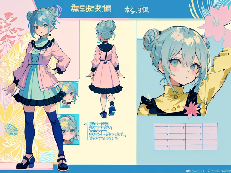 supreme, light-blue hair，blue eyes，Standing on your feet，submachine gun，Detailed Genshin graphics，anime character design，anime concept art，pretty anime character design，anime character reference sheet，[Character design]，1girl in, ((Character information)、(Chara Leaf)、pastel dimmed colors, (Yellow color palette.:1.2, Blue:1.2, Pink:1.2), (Blue hair bun, Short fashionable skirt, Ruffles and lace, polka dot,(Lush pastel dresses), petite girl,Type sheet, Character Sheets, Three types，Shot Full Body，Game Character Design, green color, Pink Dress, white  shirt, Black buttons