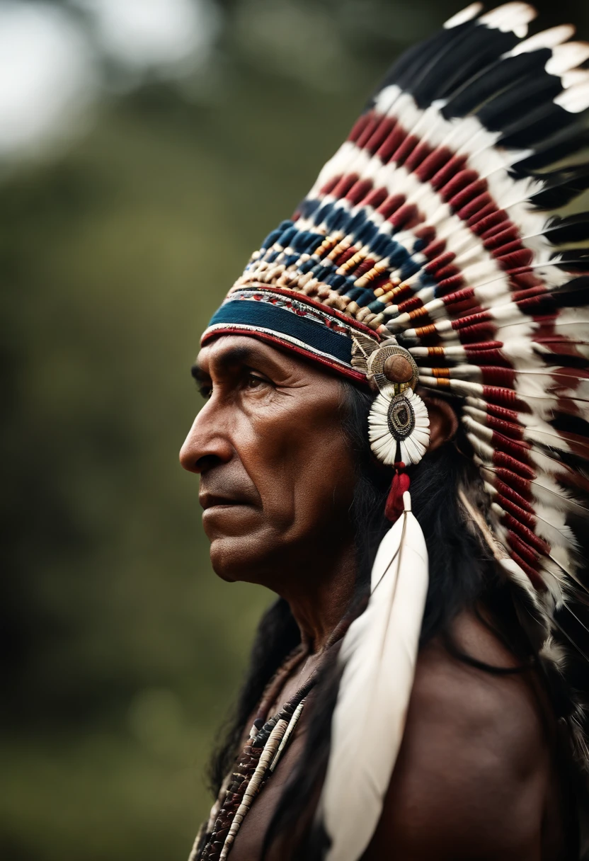 Hyperrealistic cinematic image of a native Indian with feathers on his head, Arte nativa americana, Indian warrior, Nativo americano, Guerreiro nativo americano, Arte nativa, Um guerreiro nativo americano, indigenous man, eagle feather, Guerreiro habilidoso do Apache, warrior spirit, american indian headdress, indigenous art, : native american shamen fantasy, Indigenous, native american folk art, Fotografia de arte indianarrealista, fotografia, obra-prima, realista, Realismo, renderizado, Alto contraste, digital art photographyrealistic trend in Artstation 8k HD high definition detailed realistic, detalhado, textura da pele, hiper detalhado, textura de pele realista, armadura, melhor qualidade, ultra high-resolution, (fotografiarrealista: 1.4), alta resolução, detalhado, Calado bruto, sharp re, por lee jeffries Nikon D850 Filme Fotografia de Stock 4 Kodak Portra 400 Lente F1.6 Rich Colors Realistic Texture Dramatic Texture Dramatic Lighting Irrealengine Trend on Artstation Cinestill 800