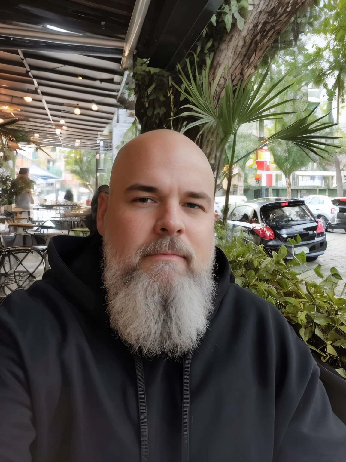 A bald white man, with long white and gray beard sitting on a table of a restaurant with a Square on The background containing a medium fountain and a red light Beacon in a Second plan. Also some people passinho bye alone or with your pet dogs