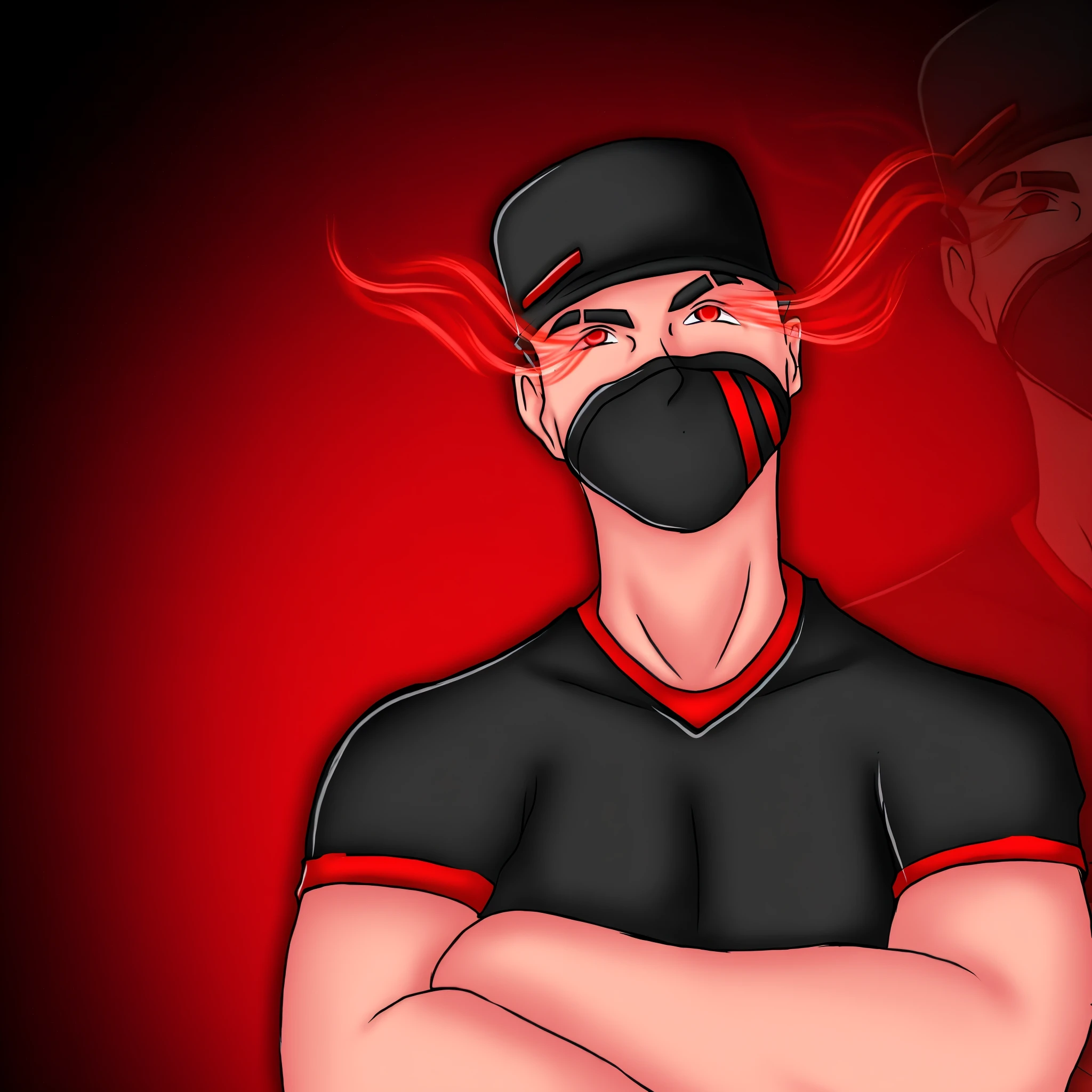 there is a man with a mask on his face and a baseball cap, official fan art, in the style of sifu 🔥 😎 🕹️ 👀 :2, estilo de arte desconhecido, arte limpa, Gatilho Estilo de Arte de Anime, O Ninja Vermelho, inspired by Edo Murtić, malha vermelha no facede, fanart oficial, personagem estilo anime