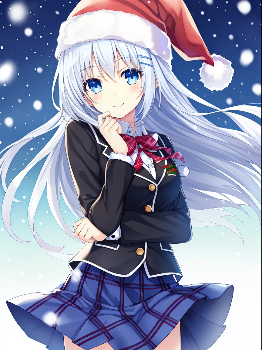 beautiful girl, light smile, open eyes, detailed eyes, school uniform, pretty anime girl, morning, long hair, wind, black uniform, christmas hat, winter, snow