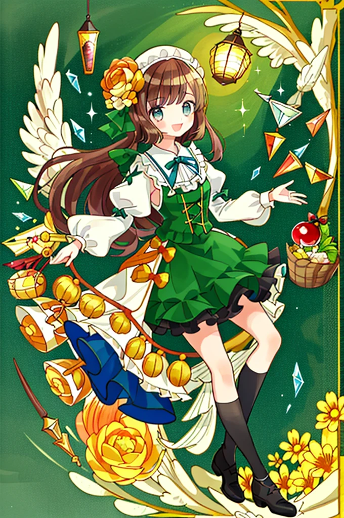 1girl, livro, orelhas de animais, olhos verdes, sorrir, boca aberta, sozinho, cabelos brancos, Olhando para o Viewer, corpo inteiro, cabelos multicoloridos, propriedade, kalap, Folhas de outono, mangas largas, franja, vassoura, folha, bolota, :d, mangas compridas, corar, Cabelos em dois tons, lanterna, franja contundente, Botas, knee tights, folha de bordo, brown hair,