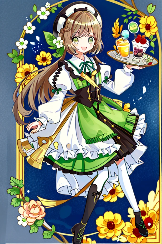 1girl, livro, orelhas de animais, olhos verdes, sorrir, boca aberta, sozinho, cabelos brancos, Olhando para o Viewer, corpo inteiro, cabelos multicoloridos, propriedade, kalap, Folhas de outono, mangas largas, franja, vassoura, folha, bolota, :d, mangas compridas, corar, Cabelos em dois tons, lanterna, franja contundente, Botas, knee tights, folha de bordo, brown hair,