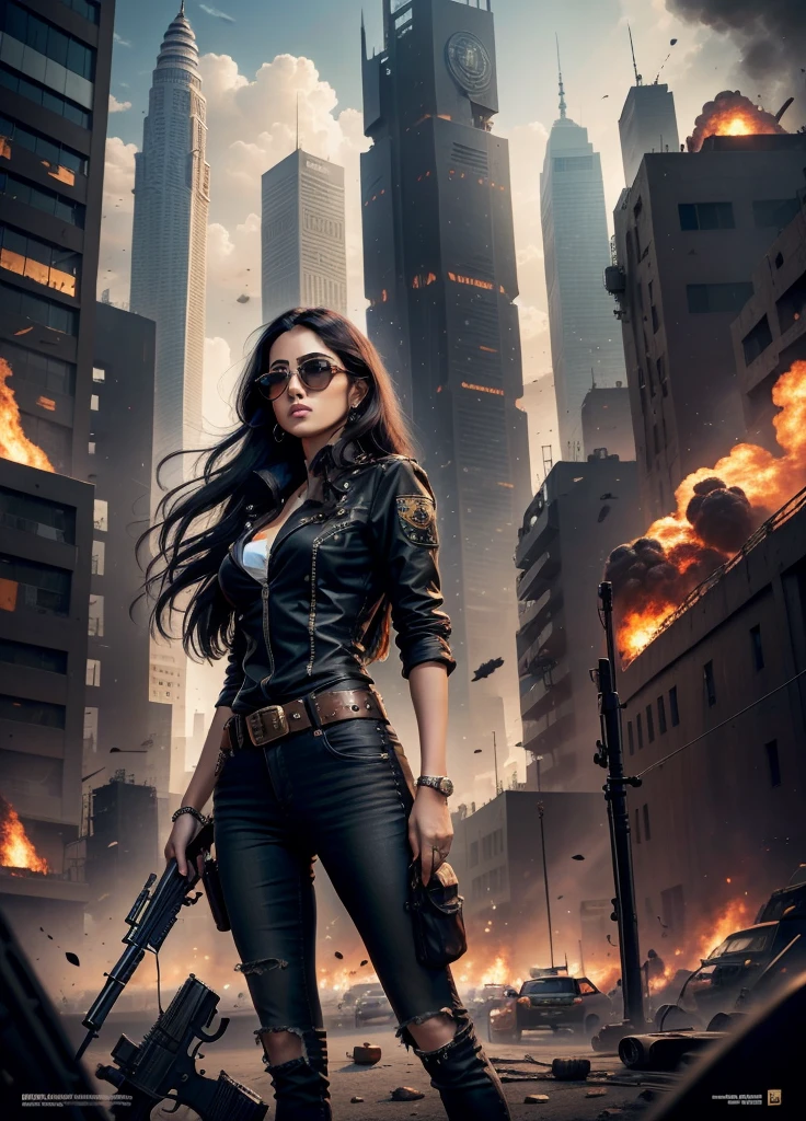 Terminator, black hair, rivets, shoots with a big gun on the city street with explosions behind, movie poster