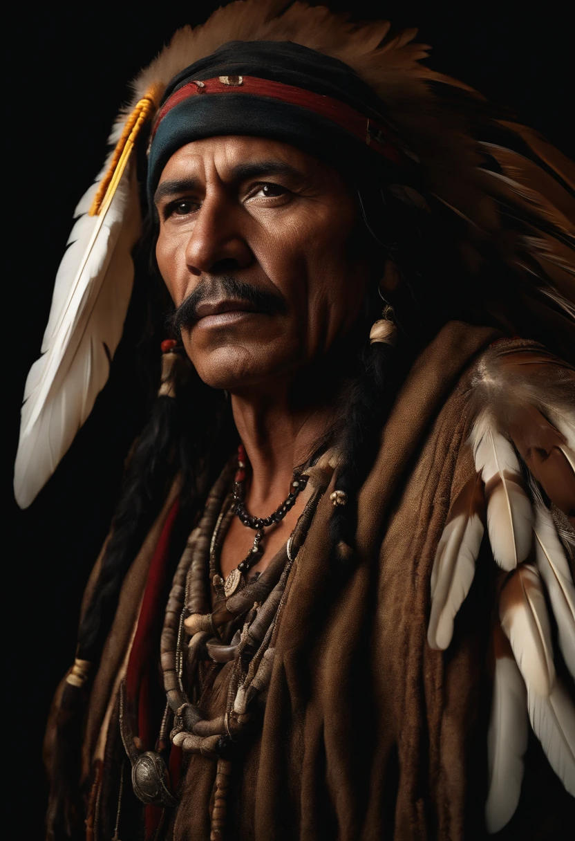 Hyperrealistic cinematic image of a pirate with feathers on his head, Arte nativa americana, Pirate, Nativo americano, Guerreiro nativo americano, Arte nativa, Um guerreiro nativo americano, indigenous man, eagle feather, Guerreiro habilidoso do Apache, warrior spirit, american indian headdress, indigenous art, : native american shamen fantasy, Indigenous, native american folk art, Fotografia de arte indianarrealista, fotografia, obra-prima, realista, Realismo, renderizado, Alto contraste, digital art photographyrealistic trend in Artstation 8k HD high definition detailed realistic,  detalhado, textura da pele, hiper detalhado, textura de pele realista, armadura, melhor qualidade, ultra high-resolution, (fotografiarrealista: 1.4), alta resolução, detalhado, Calado bruto, sharp re, por lee jeffries Nikon D850 Filme Fotografia de Stock 4 Kodak Portra 400 Lente F1.6 Rich Colors Realistic Texture Dramatic Texture Dramatic Lighting Irrealengine Trend on Artstation Cinestill 800