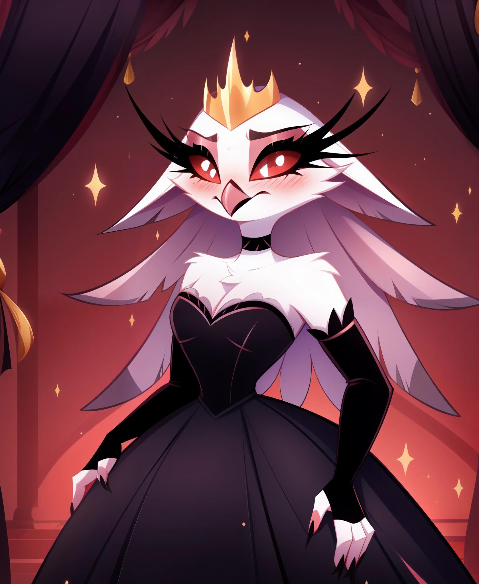 Stella, owl, cute, blushing,, red eyes, white pupils, Helluva Boss, by VivziePop,, stelladress, stellaoutfit, stella dress , gold crown, elbow gloves, fingerless gloves