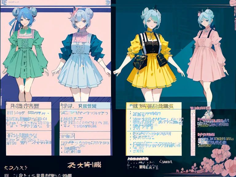 supreme, light-blue hair，blue eyes，Standing on your feet，submachine gun，Detailed Genshin graphics，anime character design，anime concept art，pretty anime character design，anime character reference sheet，[Character design]，1girl in, ((Character information)、(Chara Leaf)、pastel dimmed colors, (Yellow color palette.:1.2, Blue:1.2, Pink:1.2), (Blue hair bun, Short fashionable skirt, Ruffles and lace, polka dot,(Lush pastel dresses),  girl,Type sheet, Character Sheets, Three types，Shot Full Body，Game Character Design, green color, Pink Dress, white  shirt, Black buttons