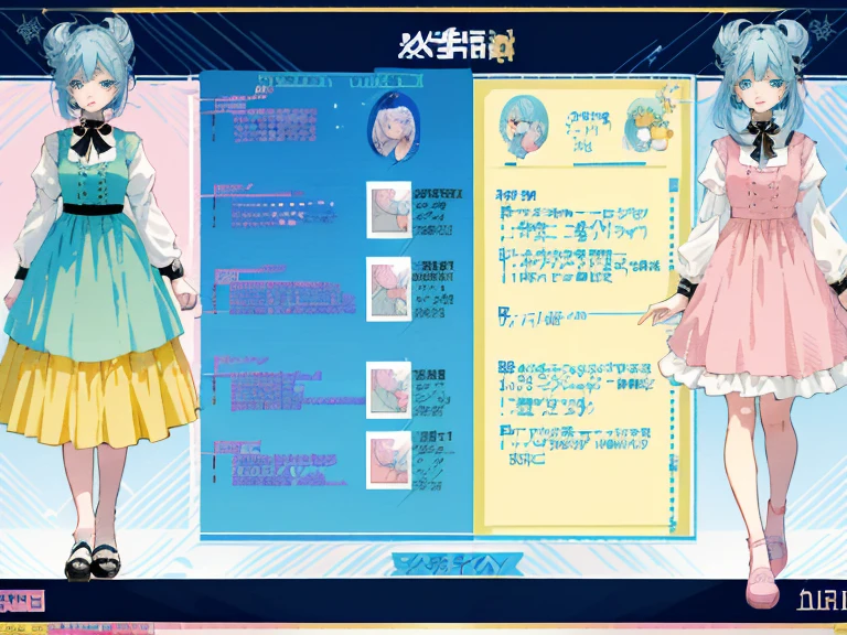 supreme, light-blue hair，blue eyes，Standing on your feet，submachine gun，Detailed Genshin graphics，anime character design，anime concept art，pretty anime character design，anime character reference sheet，[Character design]，1girl in, ((Character information)、(Chara Leaf)、pastel dimmed colors, (Yellow color palette.:1.2, Blue:1.2, Pink:1.2), (Blue hair bun, Short fashionable skirt, Ruffles and lace, polka dot,(Lush pastel dresses),  girl,Type sheet, Character Sheets, Three types，Shot Full Body，Game Character Design, green color, Pink Dress, white  shirt, Black buttons