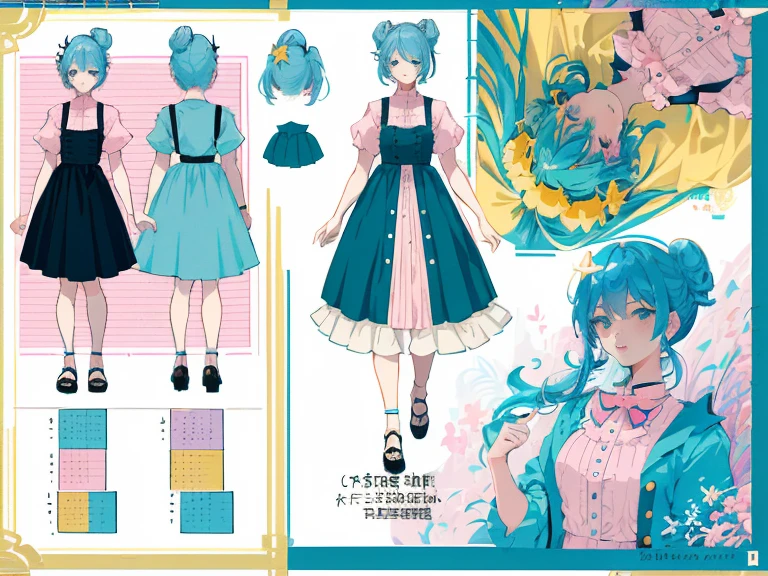 supreme, light-blue hair，blue eyes，Standing on your feet，submachine gun，Detailed Genshin graphics，anime character design，anime concept art，pretty anime character design，anime character reference sheet，[Character design]，1girl in, ((Character information)、(Chara Leaf)、pastel dimmed colors, (Yellow color palette.:1.2, Blue:1.2, Pink:1.2), (Blue hair bun, Short fashionable skirt, Ruffles and lace, polka dot,(Lush pastel dresses), petite girl,Type sheet, Character Sheets, Three types，Shot Full Body，Game Character Design, green color, Pink Dress, white  shirt, Black buttons