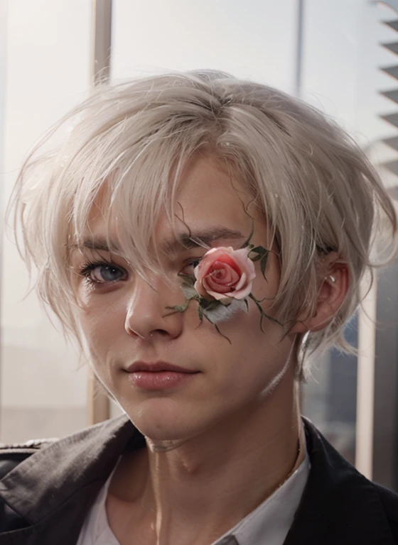 A white-haired man with a rose eye