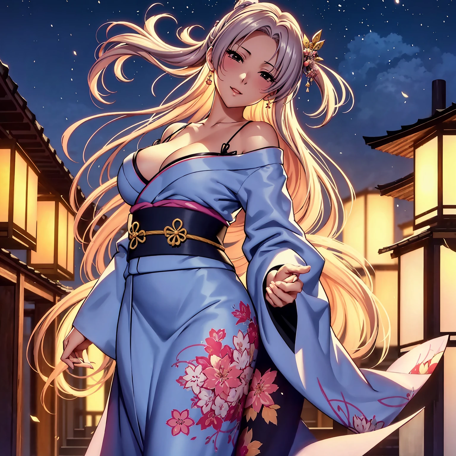top-quality、masterpiece、very high res、超A high resolution,High resolution details 1.5)、(A woman of perfect and ultimate beauty)(24 years old 1.5)、(Beautiful breasts and figure 1.5)、Beautiful body、美丽的面容、large pink,Farbe々Hairstyles,Wide variety of hairstyles,colorful and beautiful hair color、Japan hair ornament,realistic textured skin,Wearing a beautiful Japanese furisode,Kimono has colors and patterns..,Kimono sleeves and obi are long,Arms outstretched,Exposed shoulders from kimono,I can see the cleavage,Bright smile,Mouth opens,Hair flutters under the influence of the wind,The sleeves and obi of the kimono flutter in the wind.、that is a mysterious place,Fantastic night sky and beautiful full moon,Lantern light,Beautiful Landscapes、(The whole body,thigh visible,accurate anatomy、extremely detailed picture、Accurate images、Perfect Image 1.5)、、beautiful anime woman, Beautiful Art Style, an animated character、The whole picture、Detailed picture、Defect-free images、natural soft light、beautiful image、、(Best Shot 1.2)