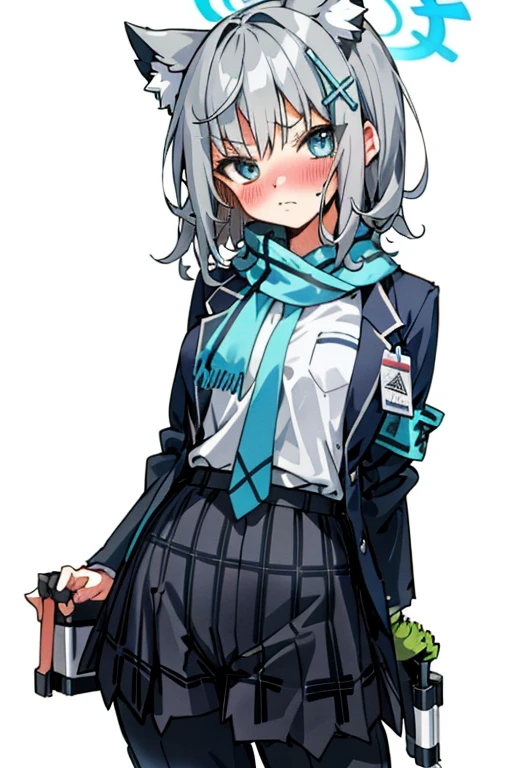 Shiroko (blue archive) One girl with short hair and uniform, looking at camera, angry face, blushing, tsundere, medium breast, hands behind back, look a underpants, unpants, underpants white color, classroom, best quality, high quality,