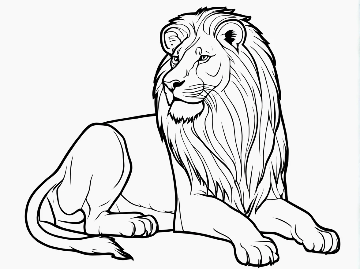 Outline, picture with black lines for coloring, Coloring book page. lion, 4 paws, 1 tail. Totally white, full body, side position, (white background), use outline only, cartoon style, "majestic", beautiful, perfect, Sketch style