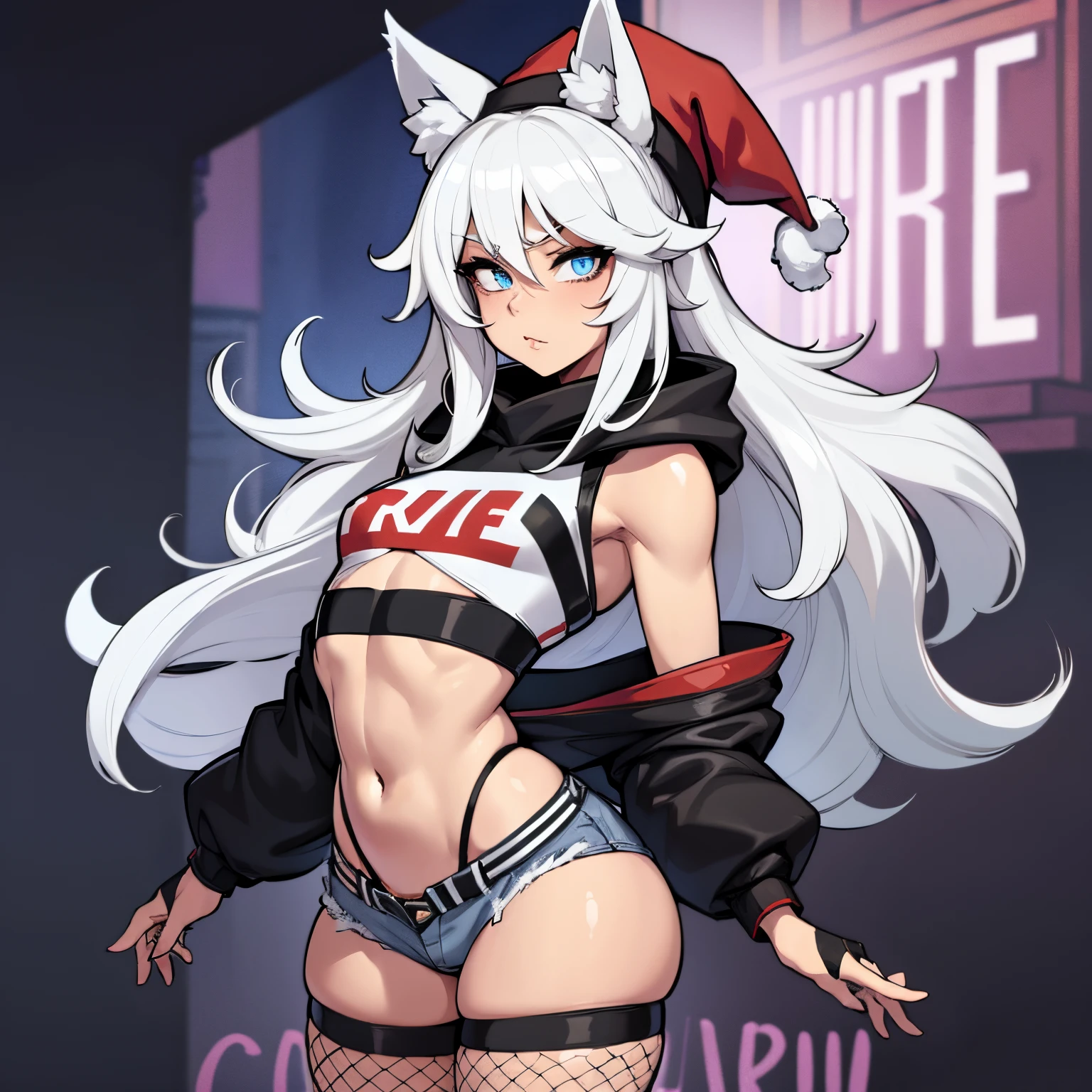 Femboy with wolf ears, has white hair, male, male, short, wearing cropped hoodie, wearing denim short shorts, wearing thigh high fishnets, wearing black combat boots, SOLO, ALONE, (SOLO)(ALONE), has blue eyes, (Perfect eyeasterpiece) thick thighs, wide hips, wearing santa hat, perfect eyes, masterpiece, super flat chest, no chest, flattest chest (SUPER FLAT CHEST)