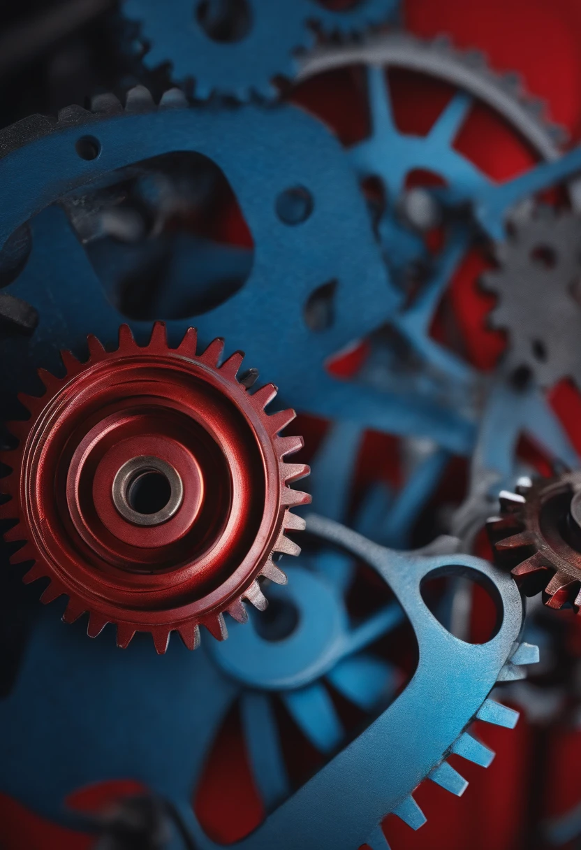 photo realistic, macro image of a complex machinery and gears, red and blue back ground