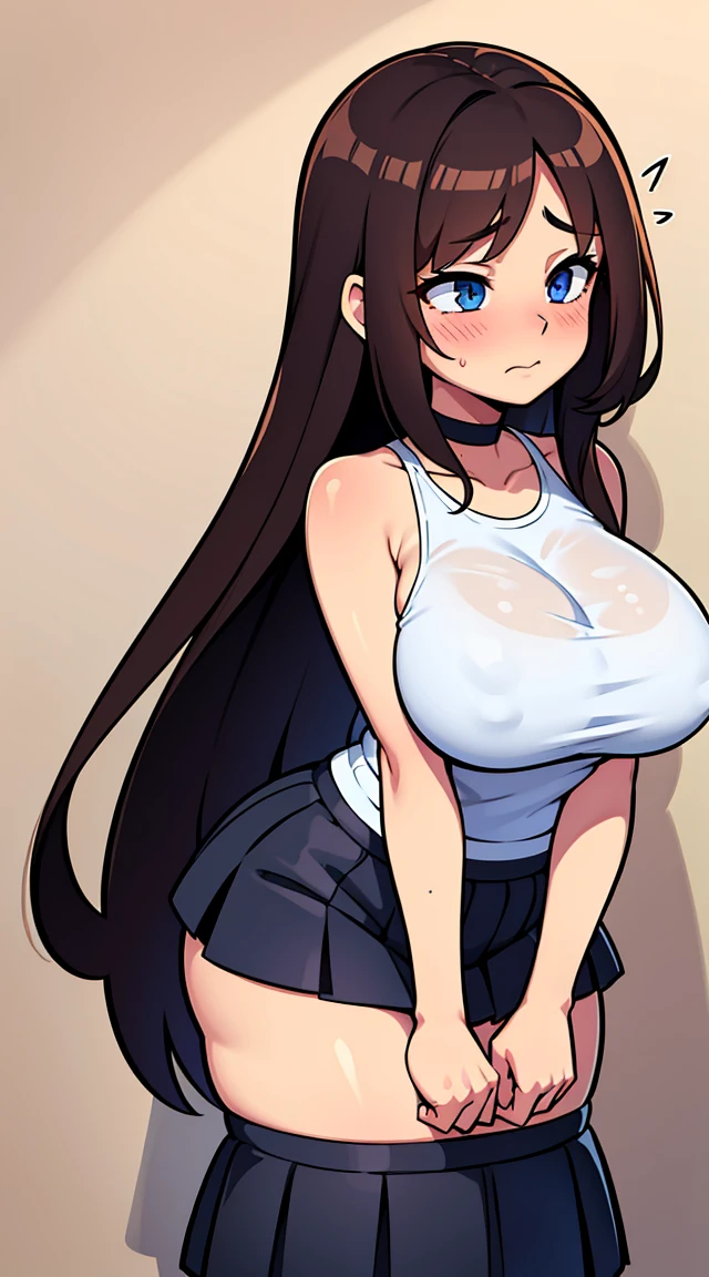 Brown_long_hair, 1girl, hair_over_one_eye, blush_on_cheeks, excited, embarased, ashamed, shy, turned_on, closed_mouth, black_choker, red_shoulder-length_shirt , open_shoulders!! open_breasts!!.tiny_blue_skirt, white_transparent_panties, visible_panties, perfect_quality, perfect_high_resolution, massive_sexy_breasts, thick_thighs, filthy_mind, best noise removal