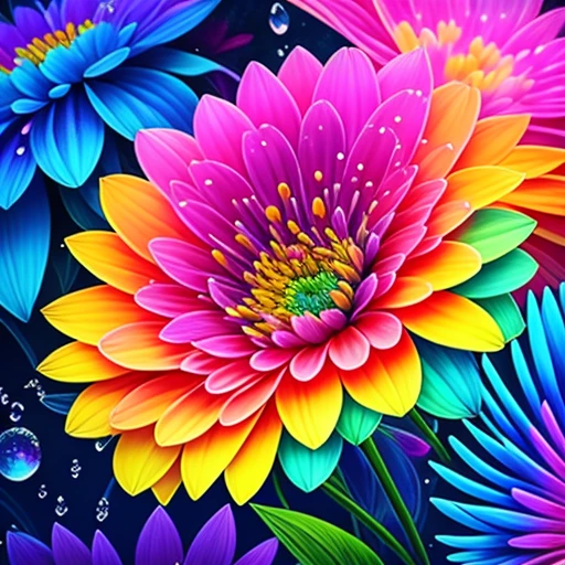 Close up of bunch of flowers with water droplets, a magical colorful flower, rich floral color, magical flowers, Vivid and rich colors, Colorful Alien Flora, colorful flower, Colorful flowers, Colorful HD Drip, Vivid and colorful, beautiful art uhd 4 k, beautiful and colorful, neon flowers, Strong and vibrant colors, colorful and vibrant, intricate vibrant colors