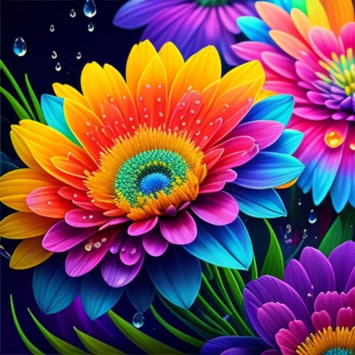 Close up of bunch of flowers with water droplets, a magical colorful flower, rich floral color, magical flowers, Vivid and rich colors, Colorful Alien Flora, colorful flower, Colorful flowers, Colorful HD Drip, Vivid and colorful, beautiful art uhd 4 k, beautiful and colorful, neon flowers, Strong and vibrant colors, colorful and vibrant, intricate vibrant colors