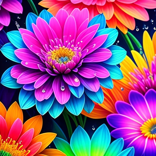 Close up of bunch of flowers with water droplets, a magical colorful flower, rich floral color, magical flowers, Vivid and rich colors, Colorful Alien Flora, colorful flower, Colorful flowers, Colorful HD Drip, Vivid and colorful, beautiful art uhd 4 k, beautiful and colorful, neon flowers, Strong and vibrant colors, colorful and vibrant, intricate vibrant colors