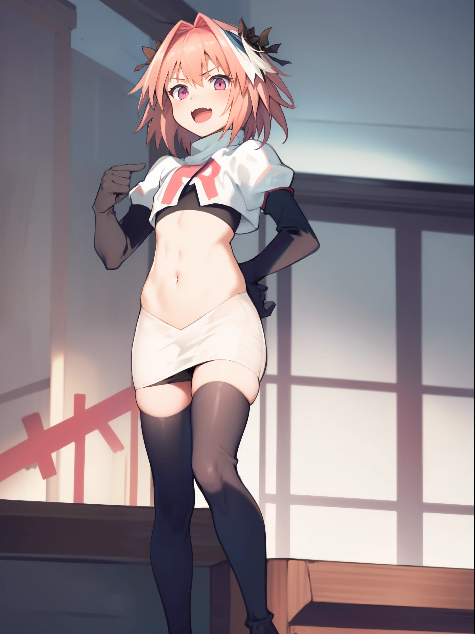 absurdres, masterpiece, best quality, (astolfo fate:1.2155), 1boy, male focus, trap, pink multicolored hair, pink hair, white hair, hair intakes, long hair, pink detailed eyes, crossdressing,1boy, team rocket,team rocket uniform, red letter R, white skirt,white crop top,black thigh-highs,black elbow gloves