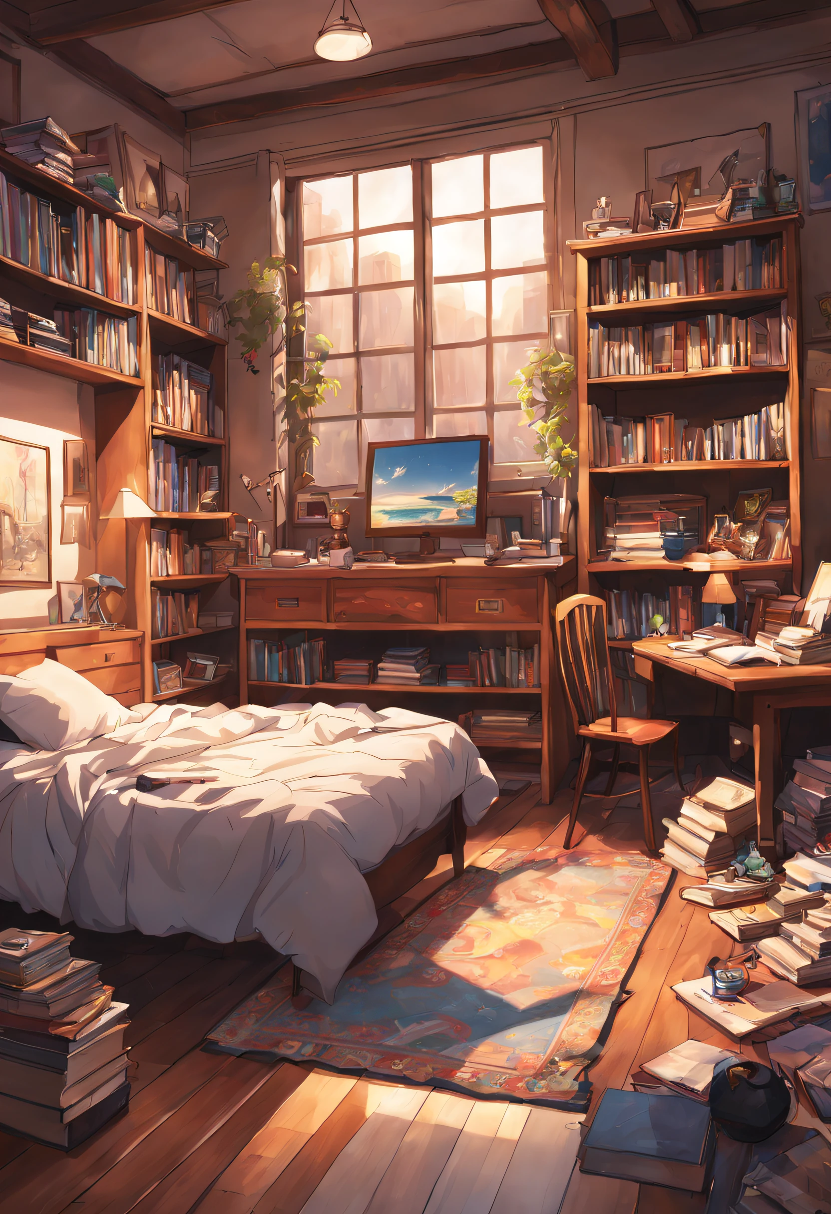 messy room, bookcase, bed, table, masterpieces, HD, high quality, high-quality, high-quality, high-quality, high-details, masterpiece, anime style, anime