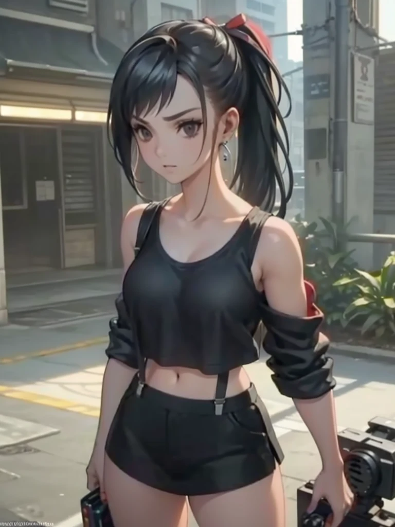 (8k, best quality, master part: 1.2), (Realistic, fotorrealista: 1.37), Super Detalhe, uma menina, fofo, sozinho, (Tifa Lockhart), (Olhos grandes e lindos), (sorrir: 1.2), fechado, pose do modelo, (neon verde), Cityscape, profundidade de campo, Sombras Fortes e Escuras, foco nítido, motion blur, profundidade de campo, compositing, Final Fantasy VII, data, (escova nasal), Cotoveleiras Individuais, Botins, cabelos pretos, Botas vermelhas, luvas de cotovelo, Cotoveleiras, luvas sem dedos, sports bra, black skirt (suspenders), Tampo branco do tanque: 1.5, corpo inteiro, headpe, Rosto da Beleza, Cabelo longo de gravata baixa, (vermelho_olho), (Noite: 1.3), Complexo, Cinematic lighting, photon maping, radiosidade, rendering physically based, (Estilo Tetsuya Nomura), mama perfeita, clivagem: 1.2, Panties, sexy, Tanga, NSFW,
