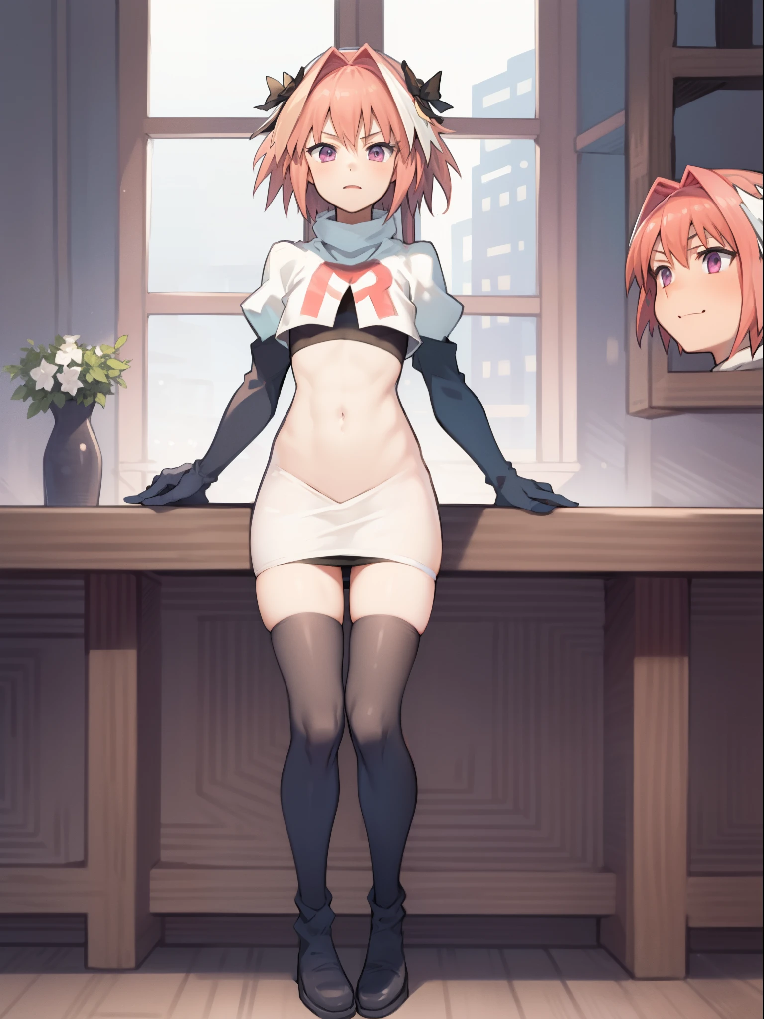 absurdres, masterpiece, best quality, (astolfo fate:1.2155), 1boy, male focus, trap, pink multicolored hair, pink hair, white hair, hair intakes, long hair, pink detailed eyes, crossdressing,1boy, team rocket,team rocket uniform, red letter R, white skirt,white crop top,black thigh-highs,black elbow gloves