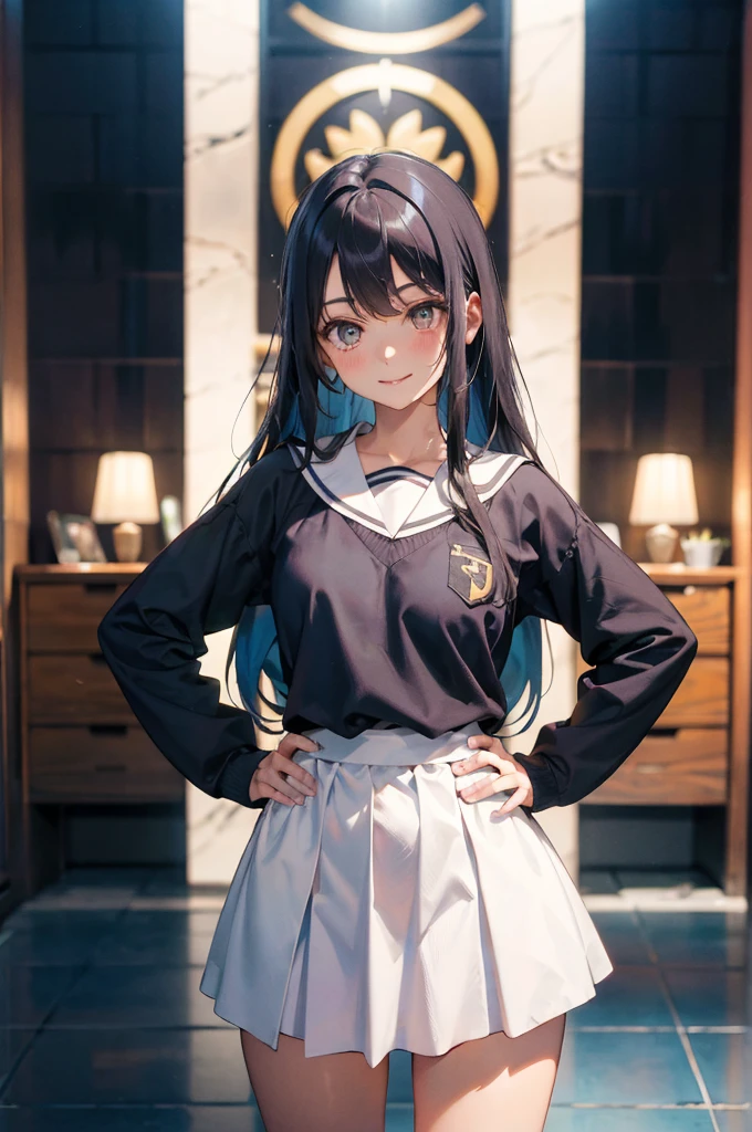 uma mulher de 20 anos、Cabelo azul preto、Bery cabelo curto、grande sorriso、(desvanecimento hi-top:1.3)、Tema escuro、tons suaves、Cor suave、alto contraste、(texturas naturais da pele、Hiper-realismo、luz suave、Sharp)、master part, best quality, Altas, KR1, olhos castanhos, franja contundente, Kibito College Uniform, saia, sweater, saia plissada, Meias, seios pequenos, inclinando-se para a frente, hand on hip,