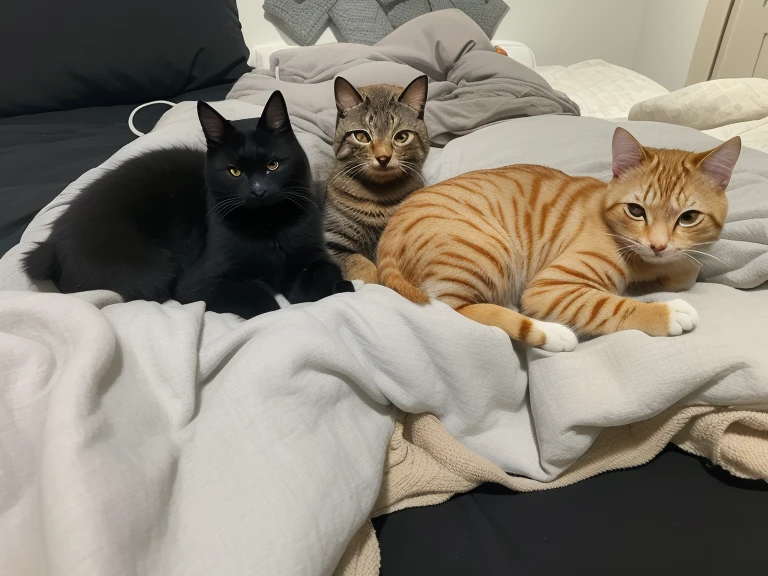 there are three cats lying on a bed together, em cima do edredon. one is orange, the other is brindle and the other is all black, mais peluda. all three cats are looking at the camera.