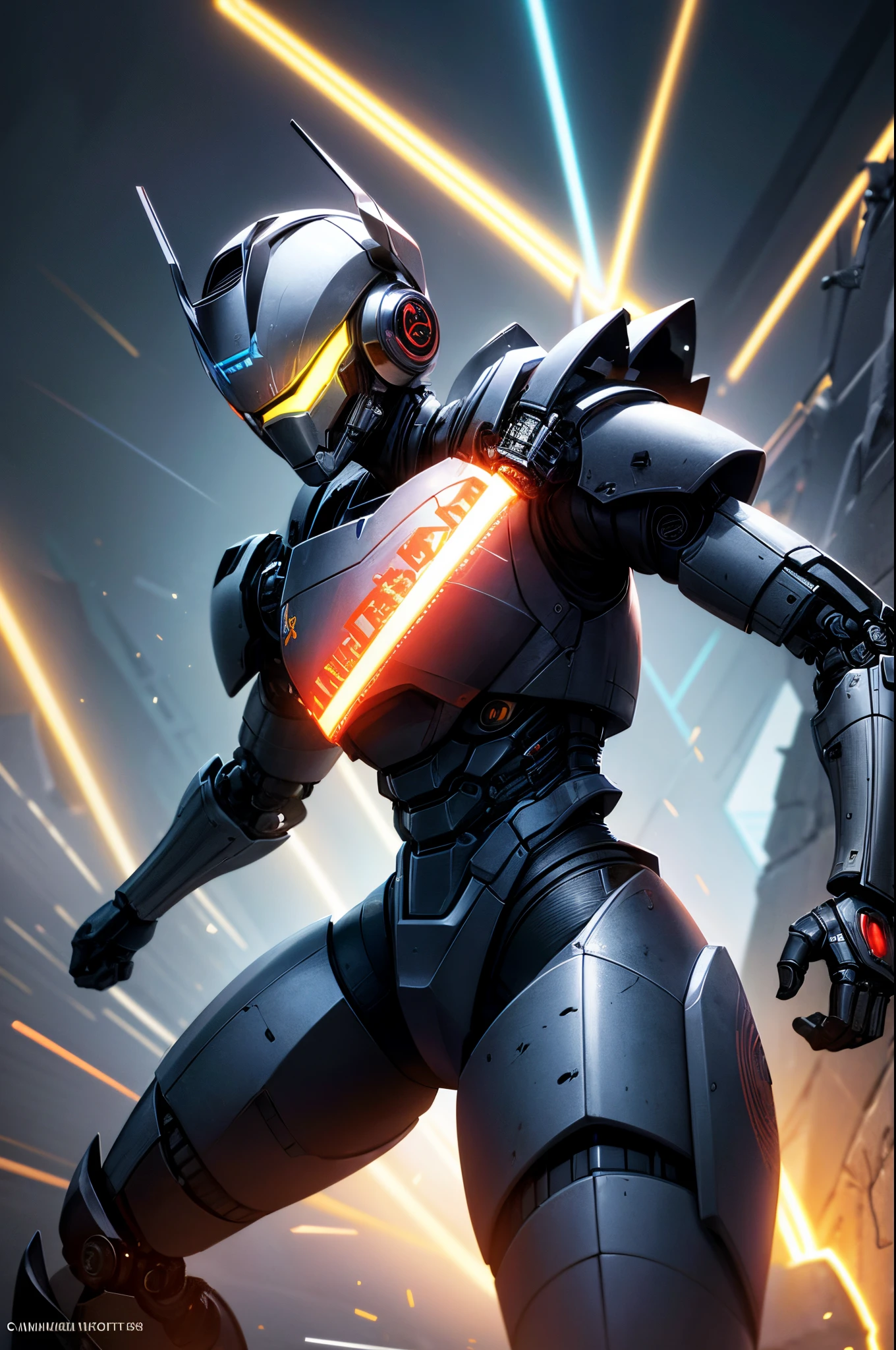 Hyper-realistic image of a robot wearing a cybertrashpunk samurai helmet with a Light Shinobi mask, in a position that reflects being a divinity in cyberspace. The lighting should be intense, with neon colors and bursts of light that enhance the figure of the robot. The composition of the image should be taken from a low angle, using a Sony A7R IV camera and a Sony FE 24-70mm f/2.8 GM lens, emphasizing the magnificence of the robot and its virtual environment