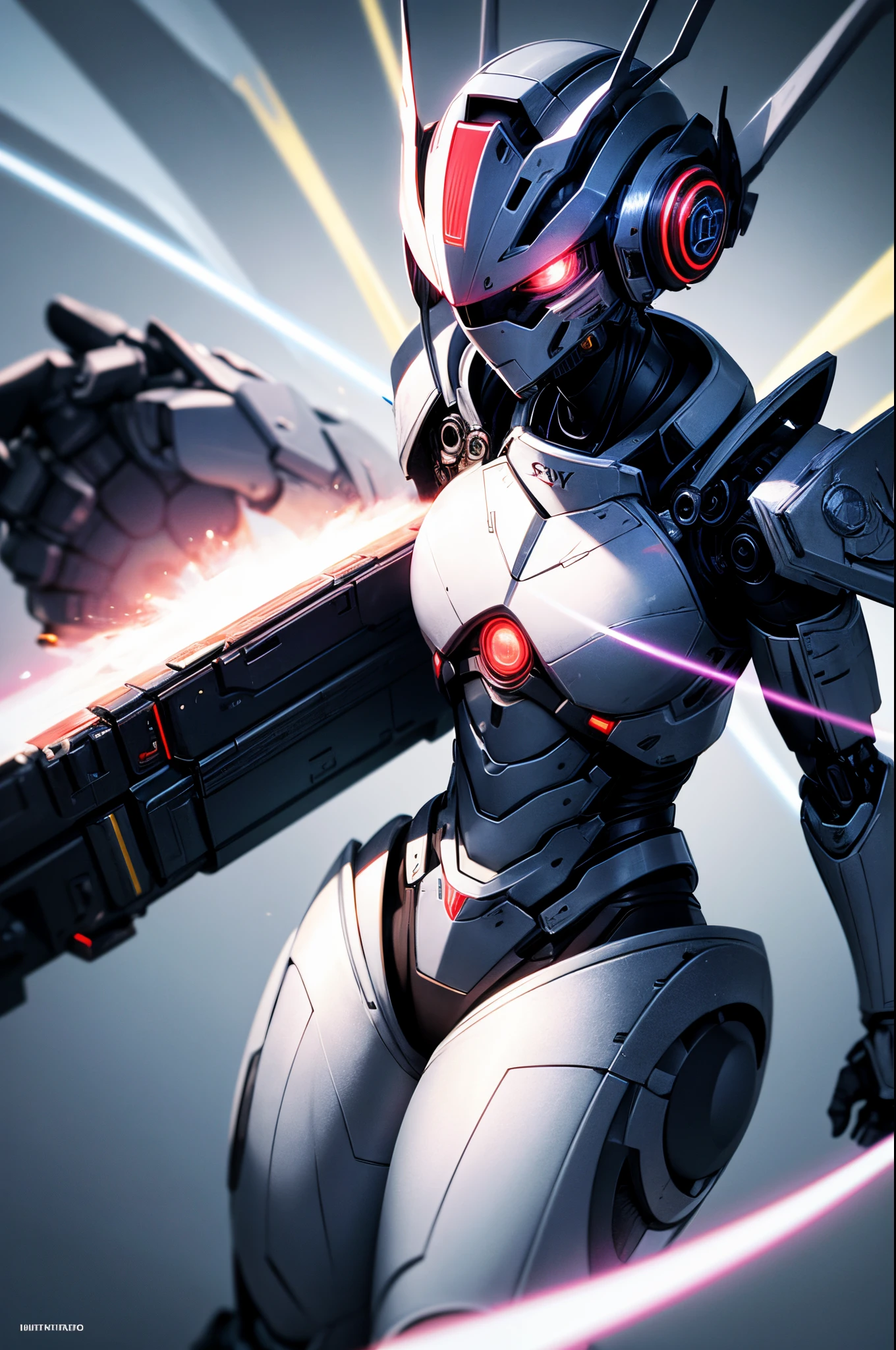 Hyper-realistic image of a robot wearing a cybertrashpunk samurai helmet with a Light Shinobi mask, in a position that reflects being a divinity in cyberspace. The lighting should be intense, with neon colors and bursts of light that enhance the figure of the robot. The composition of the image should be taken from a low angle, using a Sony A7R IV camera and a Sony FE 24-70mm f/2.8 GM lens, emphasizing the magnificence of the robot and its virtual environment