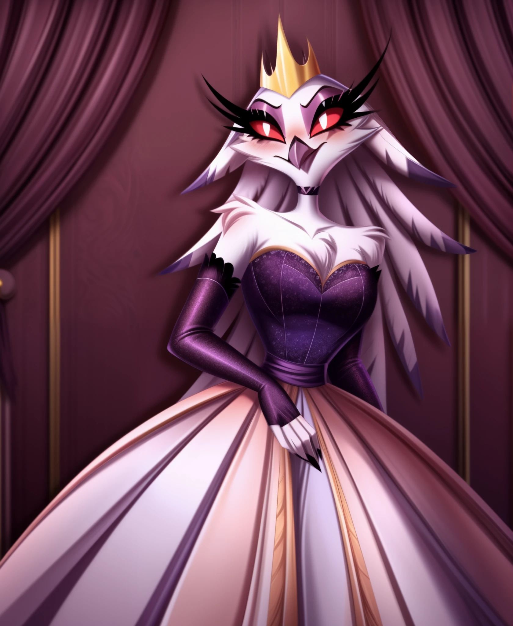 Stella, owl, cute, blushing,, red eyes, white pupils, Helluva Boss, by VivziePop,, stelladress, stellaoutfit, stella dress , gold crown, elbow gloves, fingerless gloves