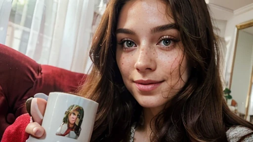 (best quality,4k,8k,highres,masterpiece:1.2), ultra-detailed, (realistic,photorealistic,photo-realistic:1.37), A woman with hot red long hair wearing a casual curvy outfit, sitting comfortably on her favorite sofa or armchair, with a cup of coffee or tea. Look in a selfy at the camera with a natural, relaxed smile. close-up of her beautiful face with freckles and captivating emerald eyes.