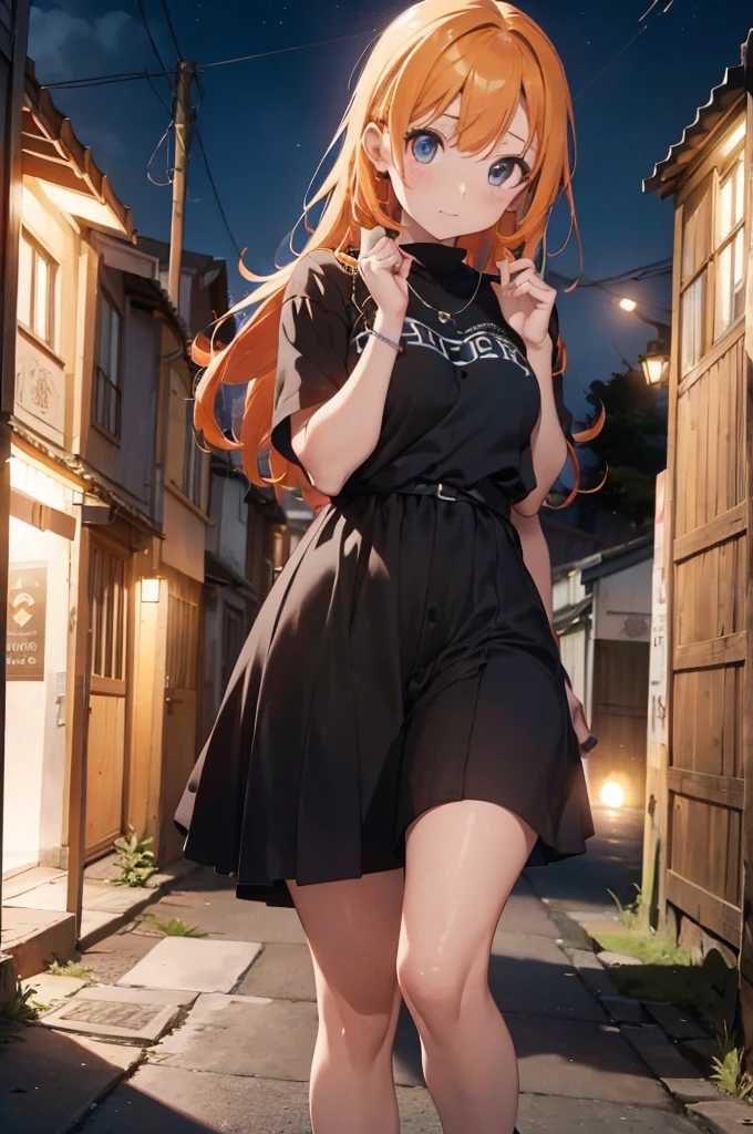 (Arte Oficial、best quality、Unity 8k Wallpapers、32k、obra prima、ultra-detalhada、超A high resolution、realisitic、Fotorrealista:1.2)、(Cinematic lighting:1.2)、Efeito Fireglow、filme sombras mais granuladas、Rim lighting、Luzes laterais、Tiro lateral、(Ultra-detailed and complex 3D rendering)、detalhado belo rosto e olhos、Um esguio、medium bust、(corpo inteiro:1.2)、 Antecedentes altamente detalhados、cara bonita、Backround desfocado、Menina bonita de 16 anos、(Pele super detalhada、Texturas detalhadas da pele:1.3)、orange hair、olhos castanhos、Cabo Hip Hop、fora dos ombros、saia jumper、Meias pretas、(coxas coxas coxas coxas coxas:0.8)、Knitted sandals、city at night、sorrindo suavemente、uma gargantilha、dynamicposes、