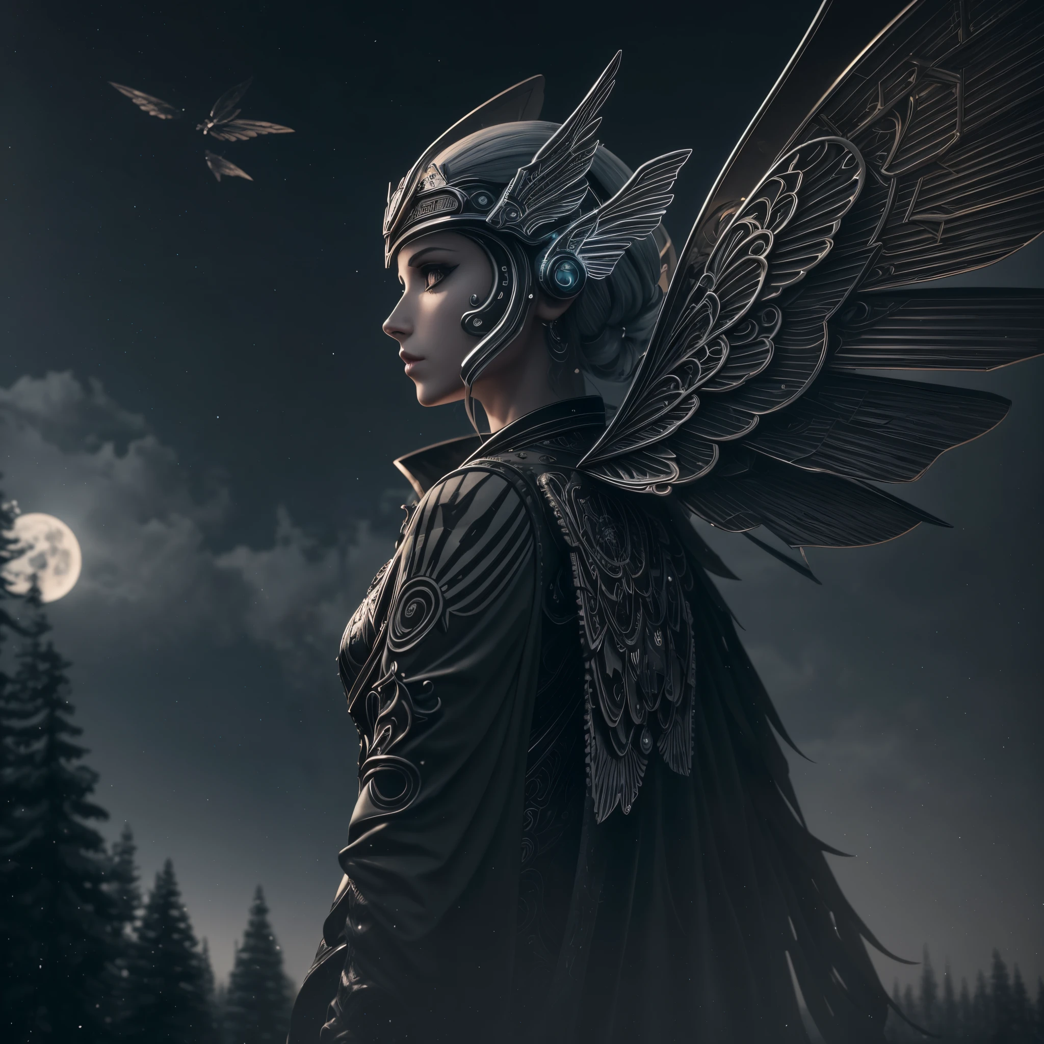 Infrared black and white photography, Jerry Uelsmann, apparition of a female winged steampunk mechanical Death moth, luminous silk robe, with wings attached to back , winter leaf less trees,Santa Muerte, trees, ambient light, Nikon 15mm f/1.8G, by Lee Jeffries, Alessio Albi, X-ray visuals,8K resolution, Cinema 4D, Behance HD, polished metal, Unreal Engine 5, rendered in Blender, sci-fi, futuristic, trending on Artstation, epic, cinematic background, dramatic, atmospheric --auto --s2