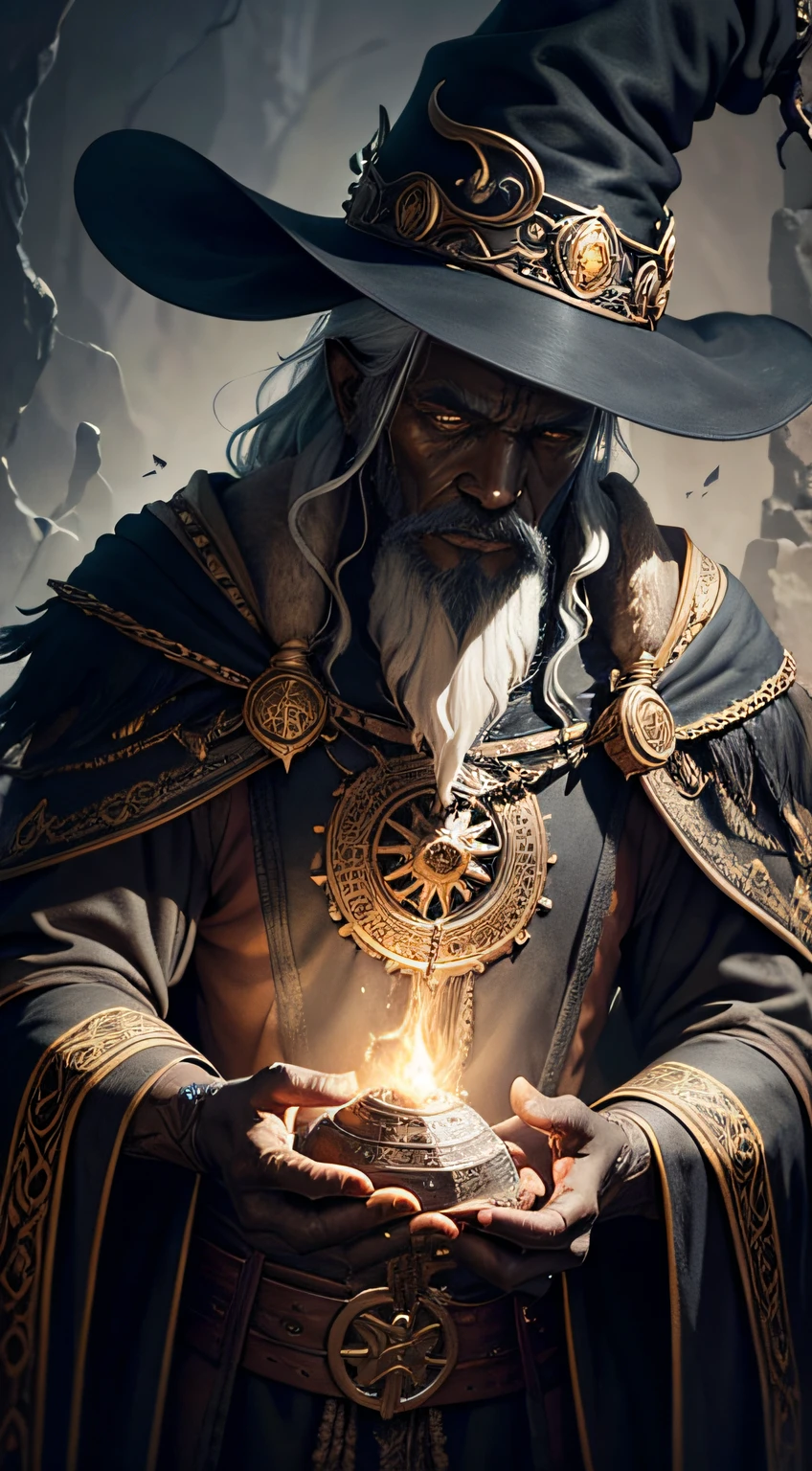 um velho bruxo com pele negra, Making spells, emphasis on his spell, texturas ultra detalhadas, layers of textures faithful to reality, professional lighting, Detalhamento realista com tons de preto e dourado