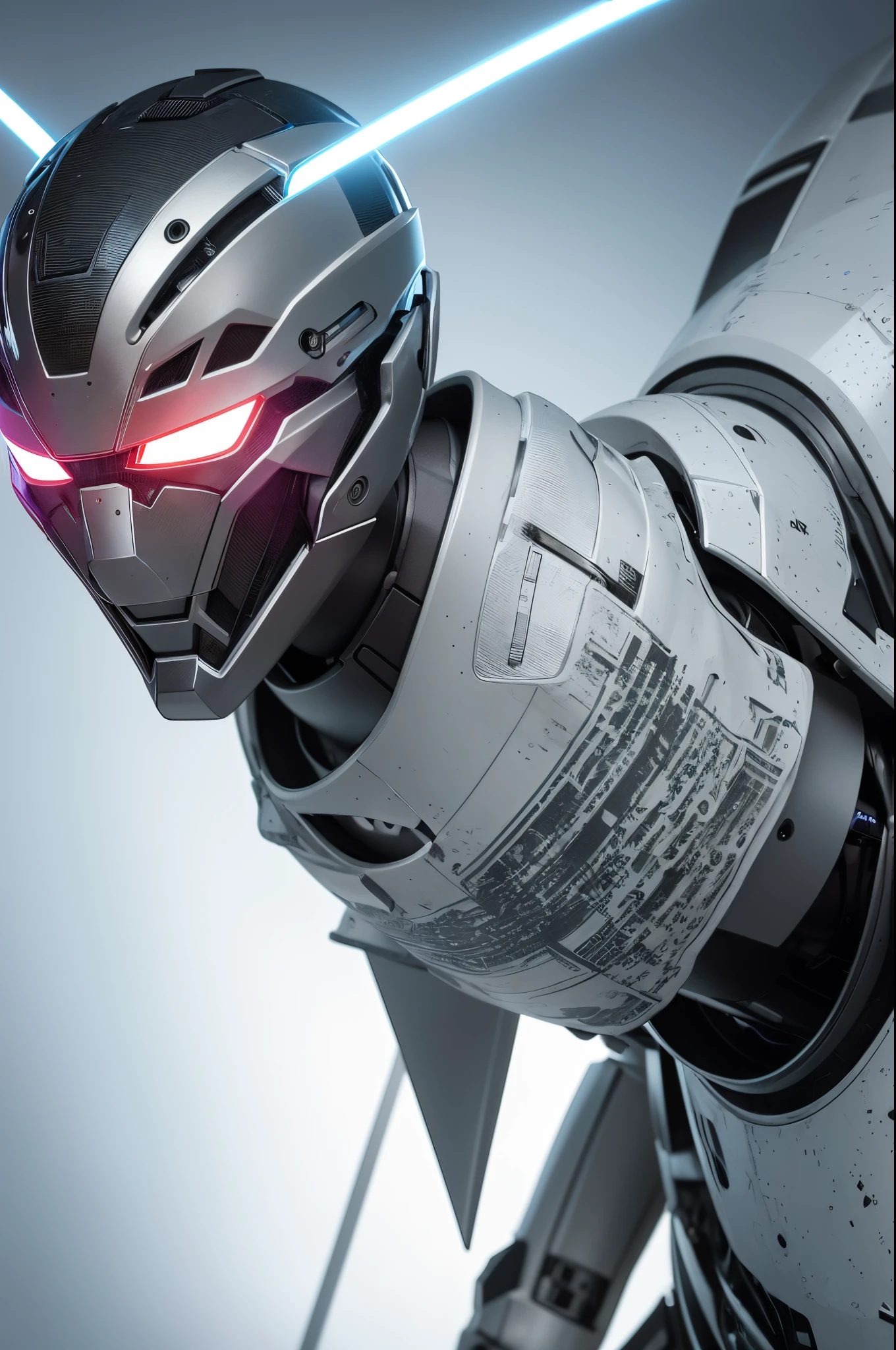 Hyper-realistic image of a robot wearing a cybertrashpunk samurai helmet with a Light Shinobi mask, in a position that reflects being a divinity in cyberspace. The lighting should be intense, with neon colors and bursts of light that enhance the figure of the robot. The composition of the image should be taken from a low angle, using a Sony A7R IV camera and a Sony FE 24-70mm f/2.8 lens, emphasizing the magnificence of the robot and its virtual environment
