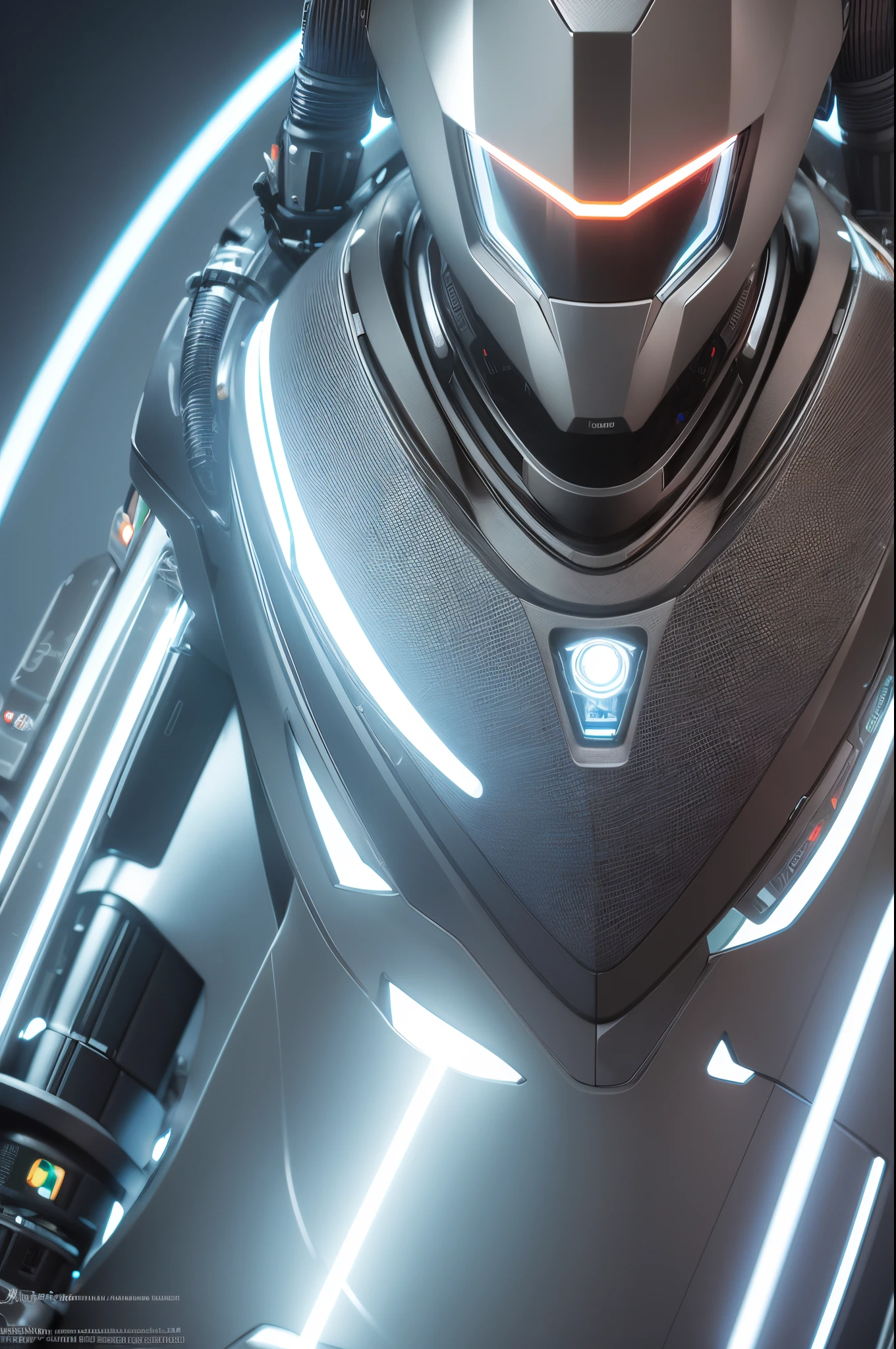 Hyper-realistic image of a robot wearing a cybertrashpunk samurai helmet with a Light Shinobi mask, in a position that reflects being a divinity in cyberspace. The lighting should be intense, with neon colors and bursts of light that enhance the figure of the robot. The composition of the image should be taken from a low angle, using a Sony A7R IV camera and a Sony FE 24-70mm f/2.8 lens, emphasizing the magnificence of the robot and its virtual environment
