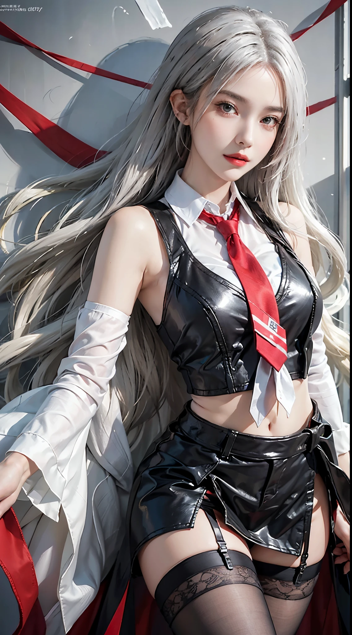 best quality, masterpiece, ultra high res, photorealistic, 1girl, smile, perfect face, beautiful face, beautiful eyes, ((perfect female body, narrow waist)), fantasy, dreamlike, unreal, science fiction,1girl,
masterpiece, best quality:1.2),illustration,8k,hd,1girl,solo,upper body,(portrait:1.2),very_long_hair,large_breasts,red_eyes,white_school_uniform,white_hair,necktie,red_necktie,skirt,bare_shoulders,boots,detached_sleeves,sleeveless,black_thighhighs,zettai_ryouiki,thigh_boots,garter_straps,