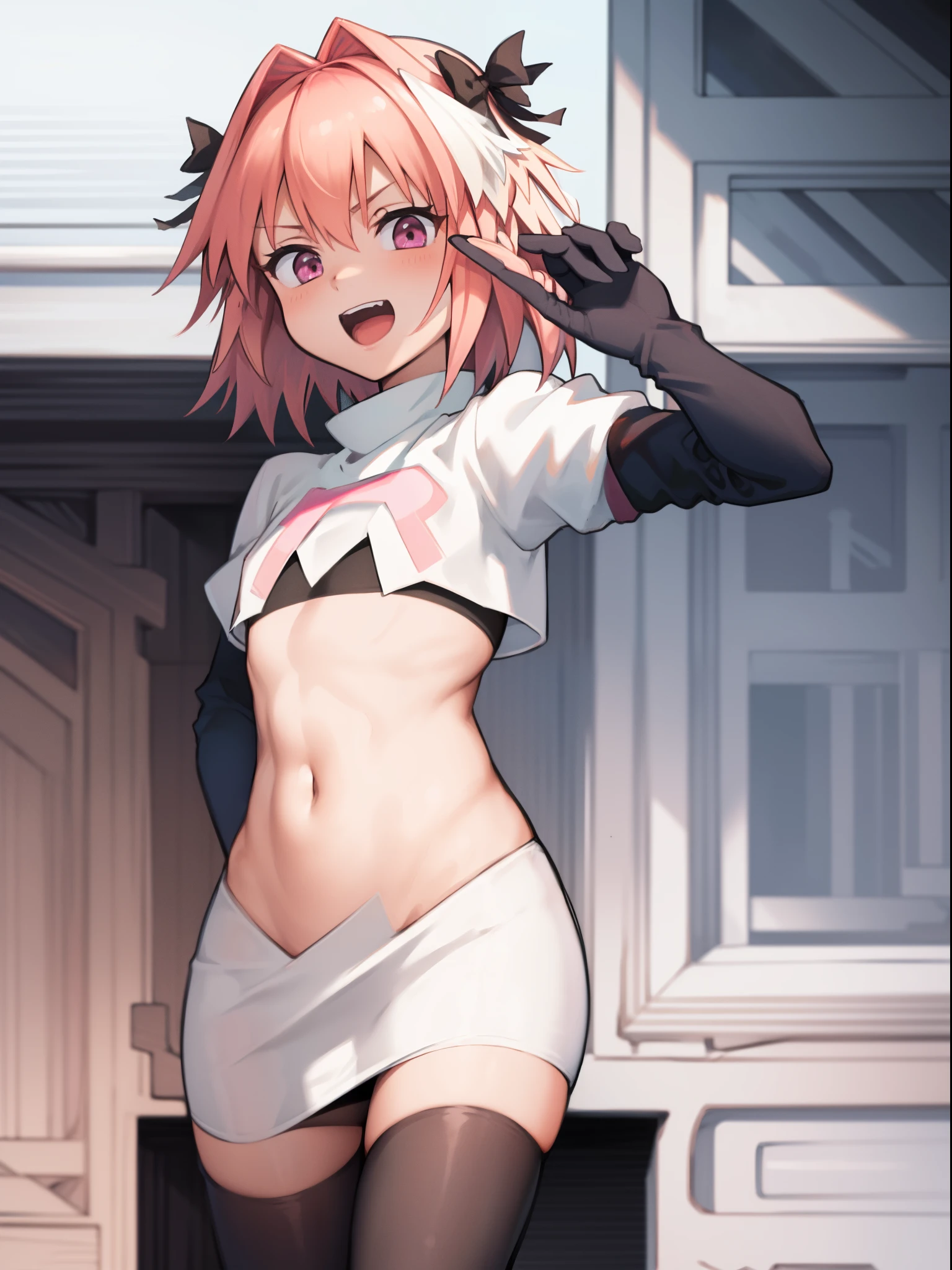 absurdres, masterpiece, best quality, (astolfo fate:1.2155), 1boy, male focus, trap, pink multicolored hair, pink hair, white hair, hair intakes, long hair, pink detailed eyes, crossdressing,1boy, team rocket,team rocket uniform, red letter R, white skirt,white crop top,black thigh-highs,black elbow gloves