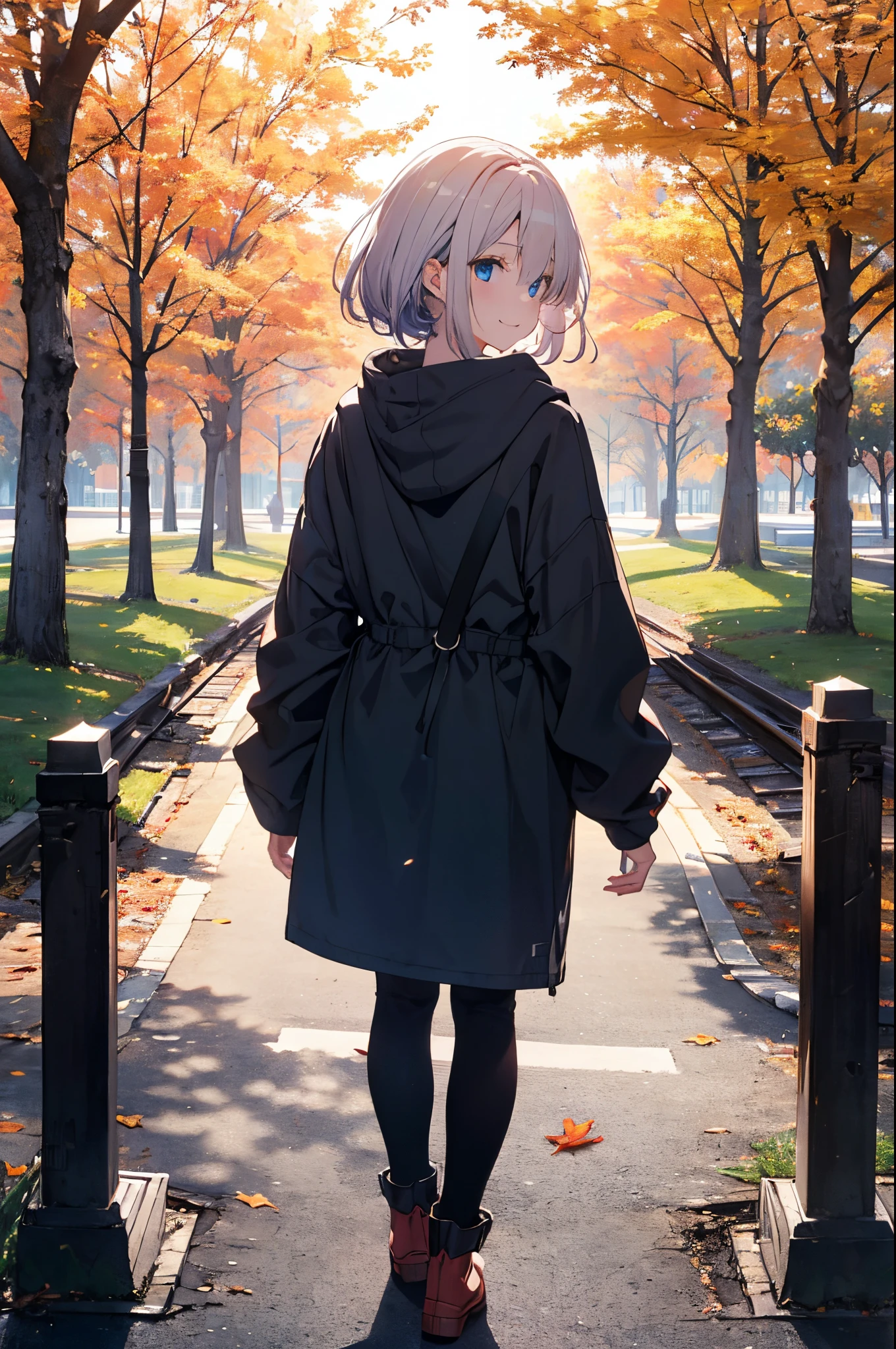 (Girl with a nasty appearance:1.3)、(Daylight hours:1.5)、(and chest:1.4)、Raw photography, top-quality, hight resolution, (masterpiece), (Photorealsitic:1.4), (Mole under the eyes),Anime Cosplay, foco nítido, nffsw, 8K分辨率, intricate detailes, depth of fields, the Extremely Detailed CG Unity 8K Wallpapers, front lit, femele,25-years old、 Happy face,Smiling、Bangs covering one eye、(tying hair:1.5)、(Medium Showtrain Bo Hair)、(Big hoodie)、blue eyess,(a park:1.5)、(Walk:1.3)、(Full body depiction)、cell phone、(from back view:1.2)、shining world、Autumn、tree々、Winters、midwinter