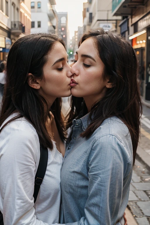 Two women kissing on the street