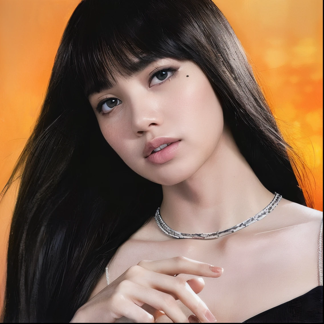 Mujer arafed con largo cabello negro y un collar en el cuello., Lalisa Manobal, Retrato de Jossi de Blackpink, Lalisa Manoban de Blackpink, Blackpink Jennie, Ella tiene el pelo negro con flequillo, Retrato Jisoo Blackpink, Jossi de Blackpink, Jisoo de Blackpink, con flequillo, con flequillo completo, Sun Yunjoo, El Corte Hime