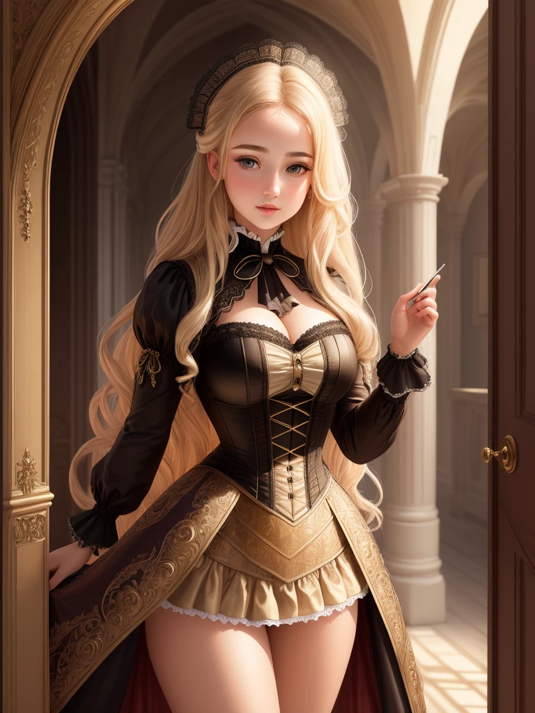 (Masterpiece - Ultra-Detailed, High Resolution) Prepare to be enchanted by a true masterpiece that combines ultra-detailed art with high-resolution rendering. This work shows a mesmerizing girl with long blonde hair (1.3) and captivating brown eyes (1.2), emanating an aura of elegance and mystery. The intricate details and realistic textures invite you to explore every aspect of this enchanting composition. Girl wearing sensual Victorian costumes. Get ready to dive into a world where beauty and craftsmanship merge perfectly.