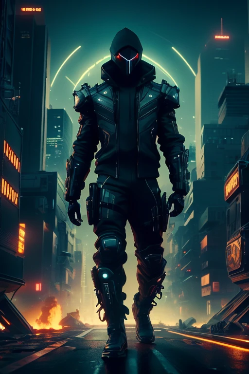 create a scene with full body;  a black man  in Post Apocalyptic; Christmas time  black Stealth sleek and shadowy clothe ;  facing the camera ; city; earth in background burning ; perfect composition, beautiful detailed.  glowing skin;
cyberpunk, 8k
(masterpiece), best quality, expressive eyes, perfect face
