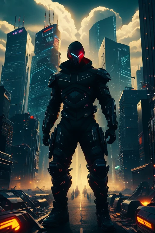 create a scene with full body;  a black man  in Post Apocalyptic; Christmas time  black Stealth sleek and shadowy clothe ;  facing the camera ; city; earth in background burning ; perfect composition, beautiful detailed.  glowing skin;
cyberpunk, 8k
(masterpiece), best quality, expressive eyes, perfect face