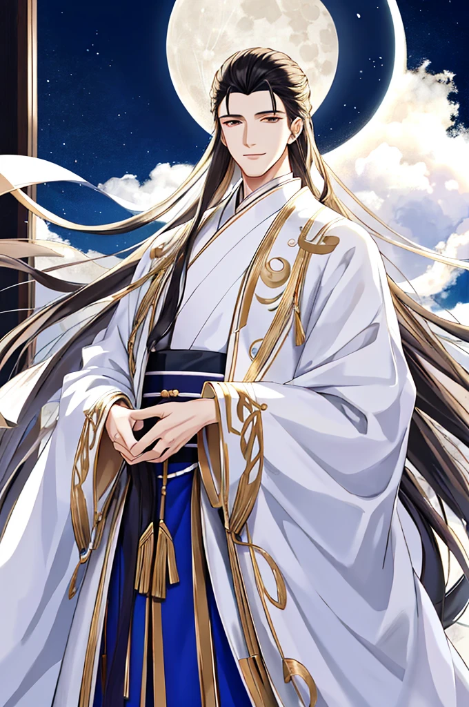 tmasterpiece，Best Picture Quality，male people，male people，white hanfu，cabelos preto e longos，long, floated hair，Wide-sleeved robe，ancient wind，Solid color clothes，The clothes do not have any patterns，Smilingly，gentlesoftlighting，water ink，Behind it  the full moon，