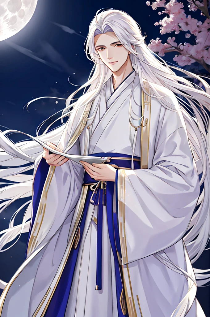 tmasterpiece,Best Picture Quality,male people,male people,white hanfu,cabelos preto e longos,long, floated hair,Wide-sleeved robe,ancient wind,Solid color clothes,The clothes do not have any patterns,Smilingly,gentlesoftlighting,water ink,Behind it the full moon,
